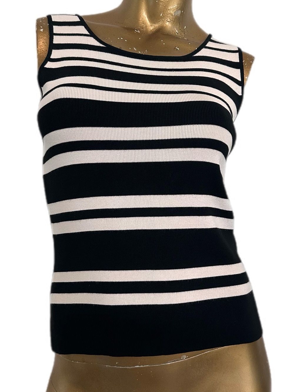 Vintage Harold’s Black White Striped Sleeveless Knit Top Small, Keyhole Back